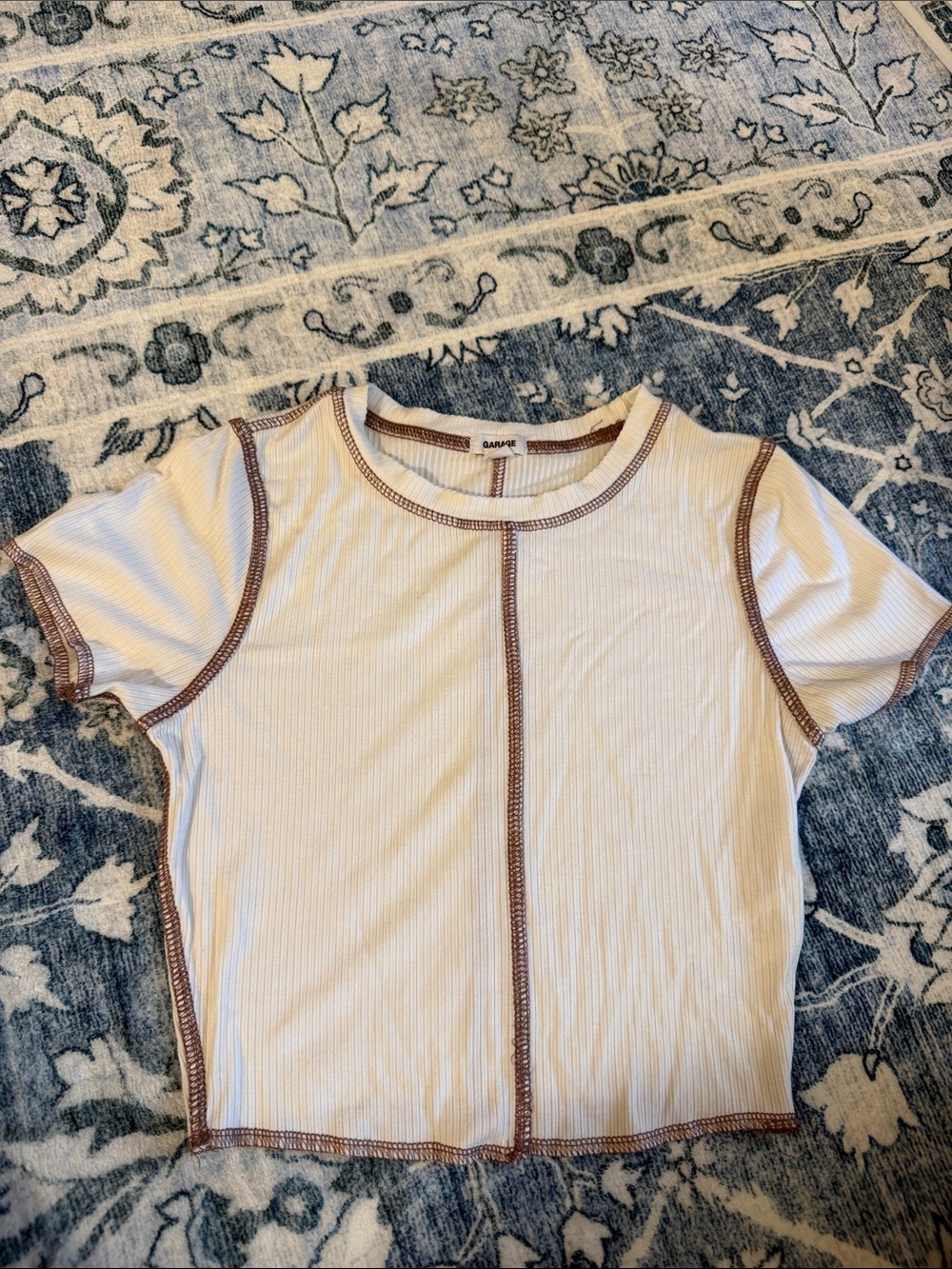Garage Ivory Crop Top with Brown Contrast Stitching